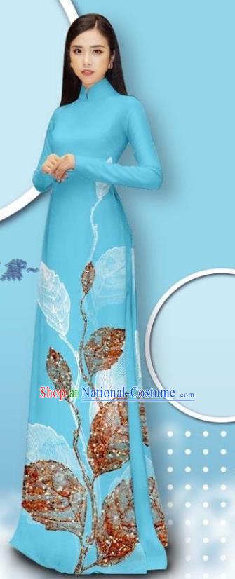 Vietnamese Traditional Bride Costume Custom Vietnam Female Ao Dai Cheongsam Asian Light Blue Long Dress with Pants Uniforms