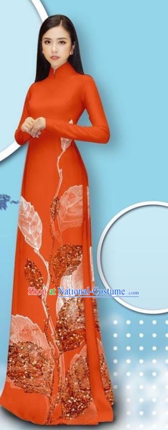 Custom Vietnamese Red Long Dress with Pants Vietnam Traditional Bride Costume Female Ao Dai Cheongsam Asian Uniforms