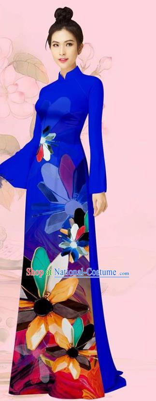 Custom Vietnam Traditional Cheongsam Asian Vietnamese Women Ao Dai Costume Uniforms Royalblue Long Dress with Pants