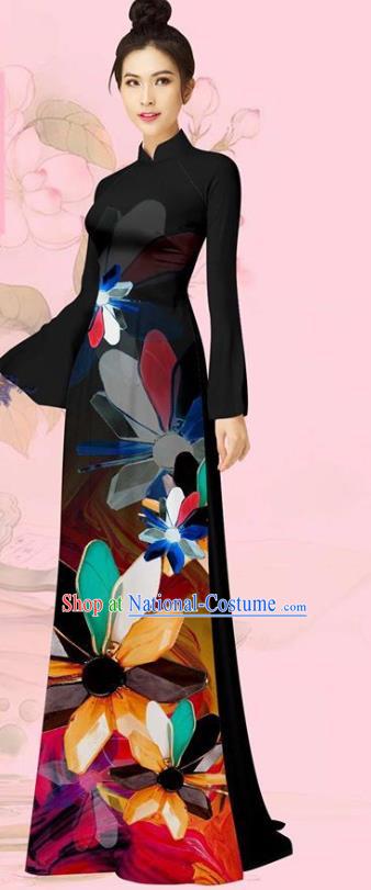 Custom Black Cheongsam Vietnam Traditional Costume Asian Vietnamese Women Ao Dai Long Dress with Pants Uniforms