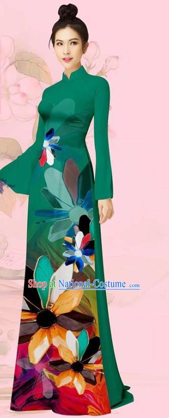 Custom Vietnamese Uniforms Vietnam Traditional Costume Asian Women Ao Dai Long Dress Deep Green Cheongsam with Pants