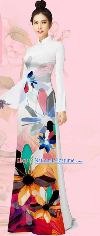 Asian Vietnam Women Costume Traditional Vietnamese Clothing Cheongsam with Pants Uniforms Custom White Ao Dai Dress