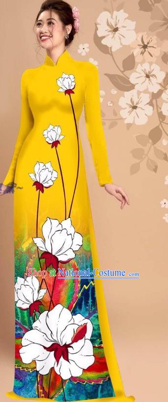 Vietnam Yellow Ao Dai Dress Uniforms Asian Traditional Custom Cheongsam with Loose Pants Vietnamese National Clothing