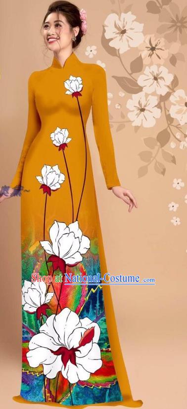 Asian Custom Traditional Cheongsam with Loose Pants Vietnamese National Clothing Vietnam Ginger Ao Dai Dress Uniforms