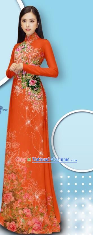 Vietnamese Jacinth Cheongsam with Loose Pants Fashion Apparel Custom Vietnam Uniforms Asian Traditional Ao Dai Dress