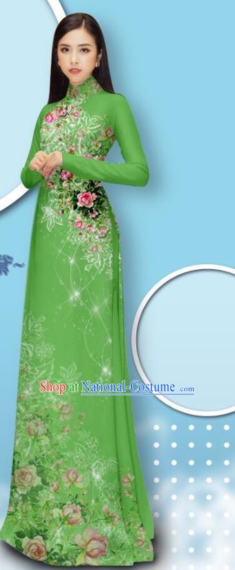 Asian Green Ao Dai Dress Traditional Vietnamese Cheongsam with Loose Pants Fashion Apparel Custom Vietnam Uniforms