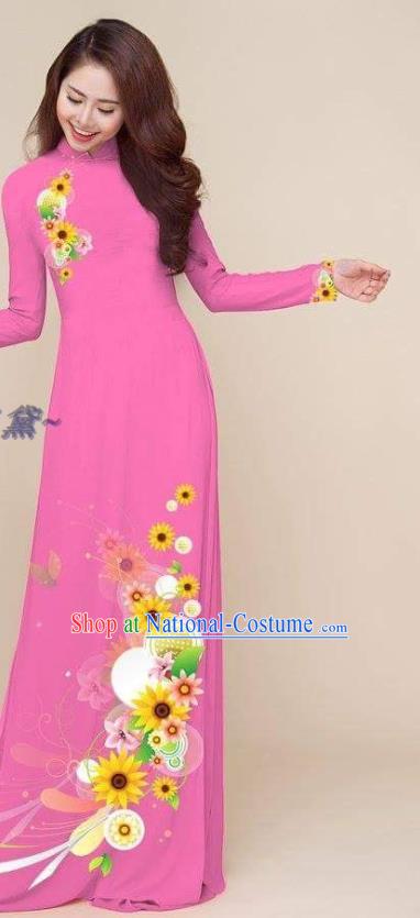 Traditional Classical Printing Cheongsam with Pants Costumes Vietnam Ao Dai Clothing Vietnamese Dress Asian Women Magenta Qipao