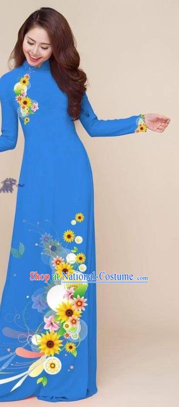 Traditional Asian Costumes Classical Printing Cheongsam with Pants Vietnam Ao Dai Clothing Vietnamese Dress Women Blue Qipao