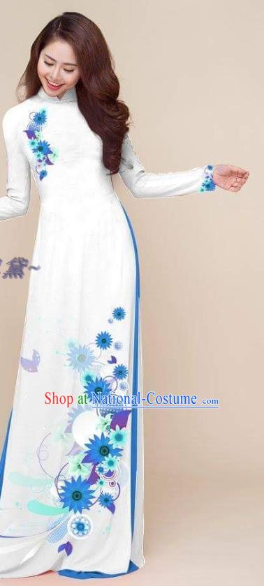 Asian Classical White Qipao Vietnam Ao Dai Clothing Traditional Costumes Vietnamese Dress Printing Cheongsam with Pants