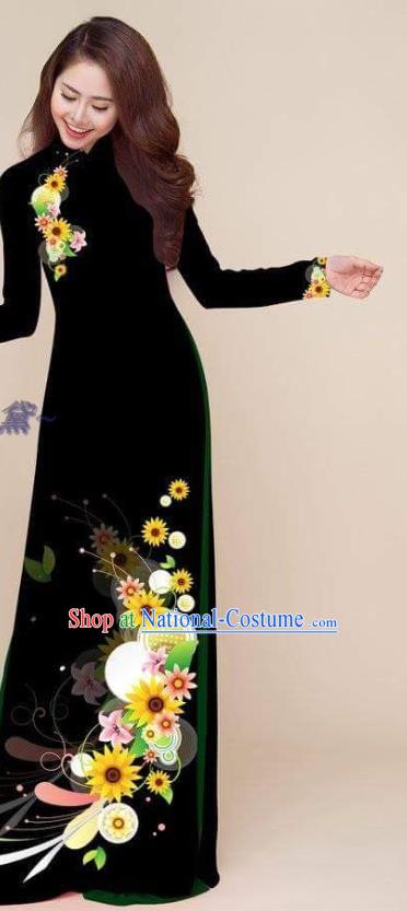 Vietnamese Black Ao Dai Dress Asian Costumes Classical Qipao Printing Cheongsam with Pants Vietnam Traditional Clothing