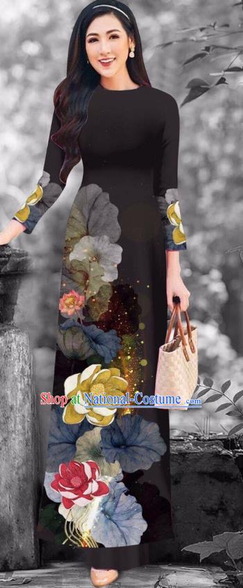 Traditional Vietnamese Black Ao Dai Dress Fashion Apparel Custom Asian Vietnam Garment Cheongsam with Loose Pants