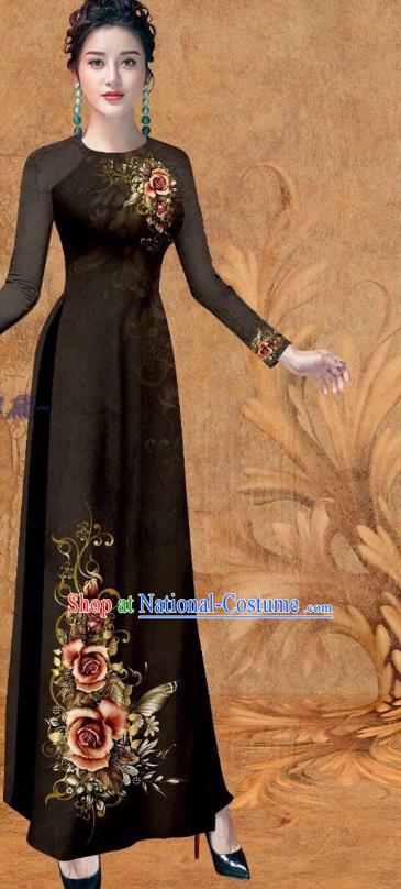 Vietnamese Black Qipao Dress Traditional Cheongsam Clothing Vietnam Stage Show Fashion Long Dress with Loose Pants Women Ao Dai Outfits