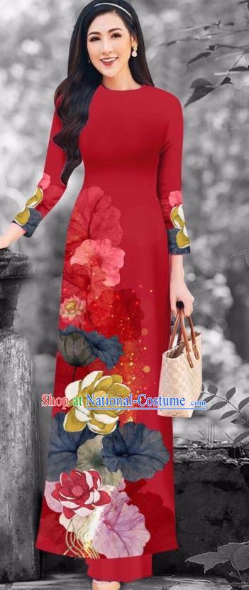 Red Traditional Vietnamese Cheongsam with Loose Pants Garment Ao Dai Dress Custom Asian Vietnam Fashion Apparel