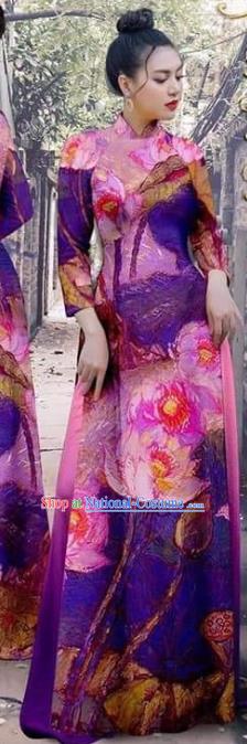 Vietnamese Female Garment Traditional Ao Dai Dress Asian Vietnam Fashion Purple Cheongsam with Loose Pants Apparel