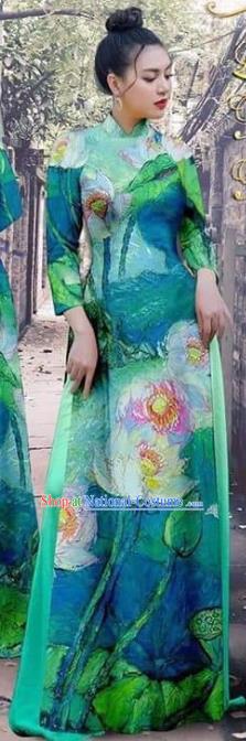 Vietnamese Teal Ao Dai Dress Female Garment Traditional Asian Vietnam Fashion Cheongsam with Loose Pants Apparel