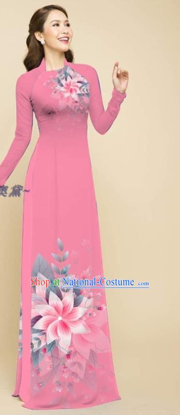 Traditional Vietnam Women Ao Dai Clothing Vietnamese Bridal Fashion Qipao Dress with Loose Pants Outfits Oriental Beauty Pink Cheongsam