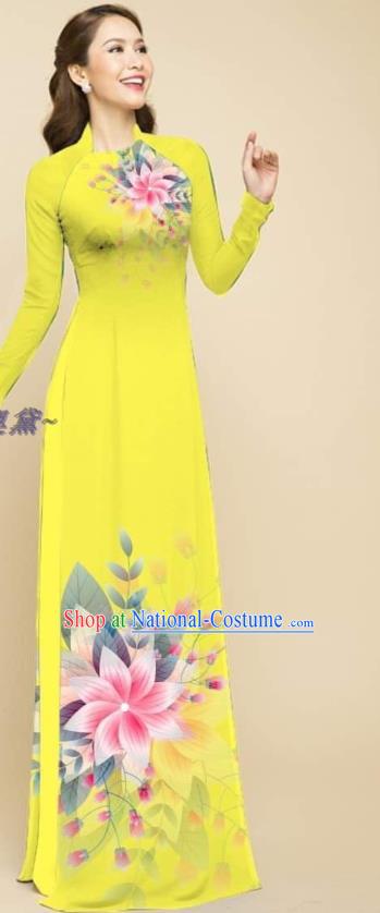 Bright Yellow Traditional Vietnam Women Clothing Oriental Beauty Cheongsam Ao Dai Qipao Dress with Loose Pants Outfits Vietnamese Bridal Fashion