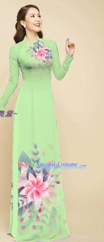 Traditional Vietnam Women Clothing Oriental Beauty Light Green Cheongsam Vietnamese Bridal Fashion Ao Dai Qipao Dress with Loose Pants Outfits