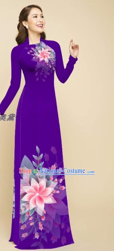 Vietnamese Women Ao Dai Qipao Dress with Loose Pants Outfits Traditional Clothing Vietnam Fashion Oriental Beauty Purple Cheongsam