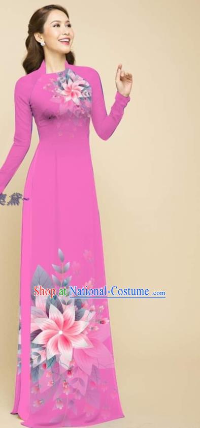 Traditional Vietnamese Women Rosy Ao Dai Qipao Dress with Loose Pants Outfits Oriental Beauty Cheongsam Fashion Vietnam Clothing