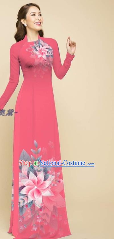 Traditional Vietnamese Ao Dai Qipao Dress with Loose Pants Clothing Vietnam Beauty Fashion Deep Pink Oriental Cheongsam Outfits