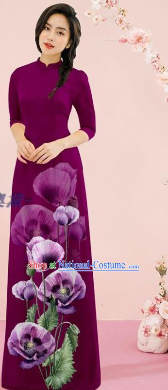 Vietnamese Purple Ao Dai Dress Classical Qipao with Loose Pants Outfits Traditional Vietnam Fashion Oriental Cheongsam