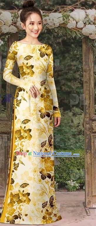 Vietnam Ao Dai Clothing Oriental Cheongsam Vietnamese Traditional Fashion Classical Golden Qipao Dress with Loose Pants