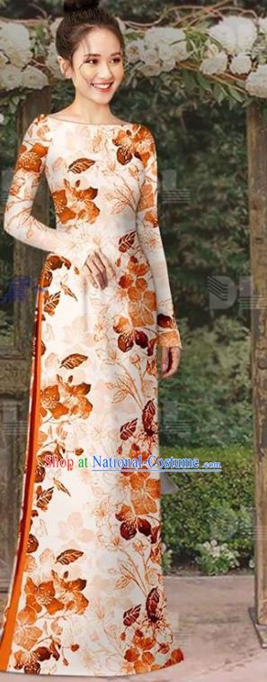 Vietnamese Classical Orange Qipao Dress with Loose Pant Traditional Oriental Fashions Vietnam Cheongsam Ao Dai Clothing