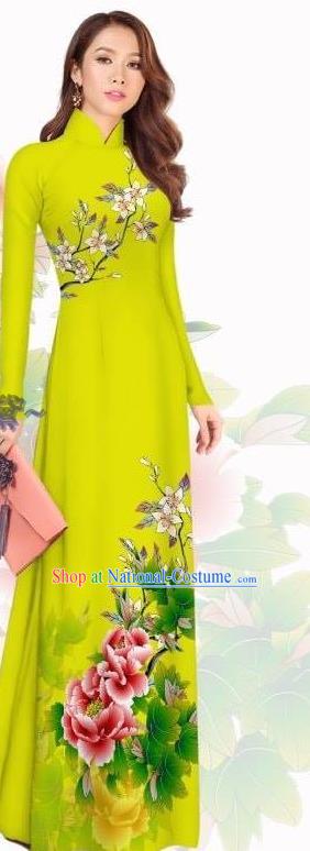 Custom Bright Yellow Qipao Traditional Asian Vietnamese Ao Dai Dress with Pants Clothing Vietnam Women Classical Printing Cheongsam