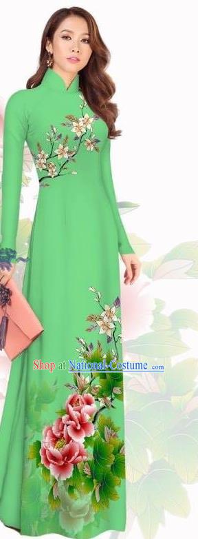 Vietnam Green Cheongsam Traditional Asian Vietnamese Ao Dai Dress Custom Qipao with Pants Women Costumes