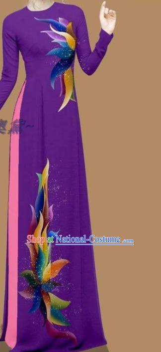 Custom Purple Ao Dai Cheongsam Asian Vietnamese Fashion Vietnam Women Qipao Dress with Pants Traditional Clothing