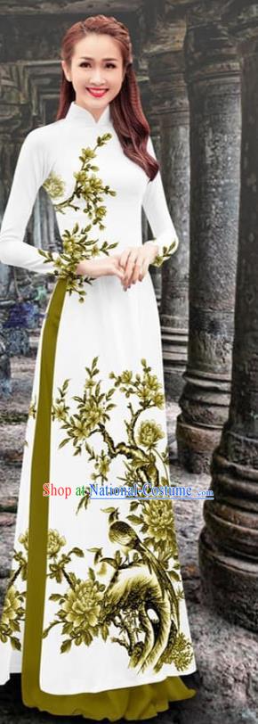 Khaki Vietnam Fashion Two Piece Set Traditional Vietnamese Ao Dai Qipao Dress with Loose Pants