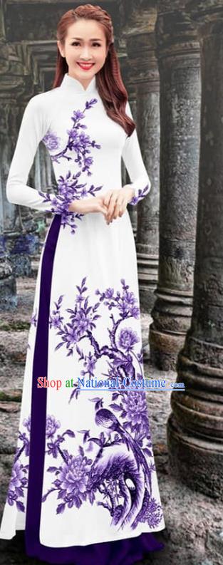 Traditional Vietnamese Ao Dai Qipao Dress with Purple Loose Pants Vietnam Fashion Two Piece Set