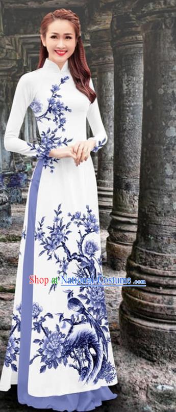 Traditional Vietnamese Ao Dai Qipao Dress Costume Vietnam Printing Flower Bird Cheongsam with Blue Loose Pants