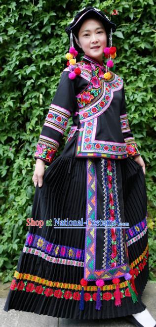 China Guizhou Puyi Ethnic Women Clothing Traditional Bouyei Nationality Folk Dance Black Blouse and Long Skirt with Hat