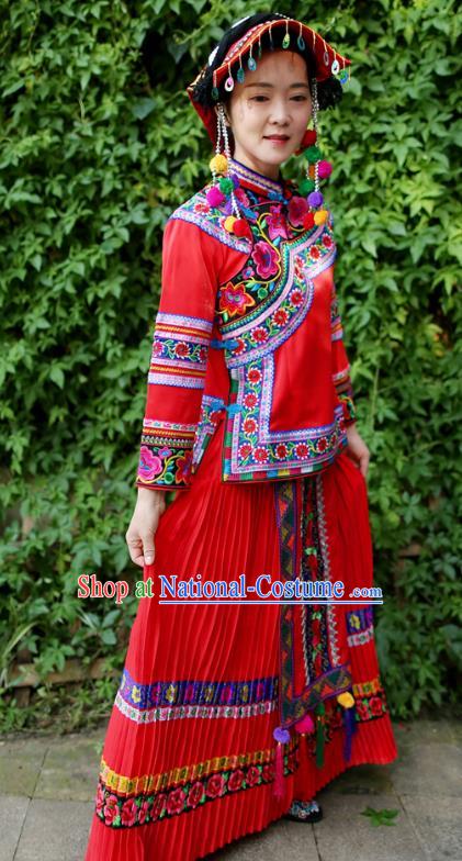 Embroidered Uniforms China Guizhou Puyi Ethnic Women Red Blouse and Long Skirt Traditional Bouyei Nationality Folk Dance Clothing with Hat