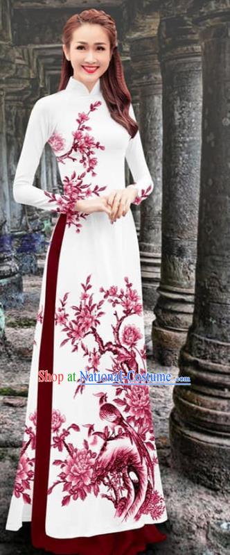 Vietnam Printing Flower Bird Cheongsam with Wine Red Loose Pants Asian Traditional Aodai Vietnamese Clothing