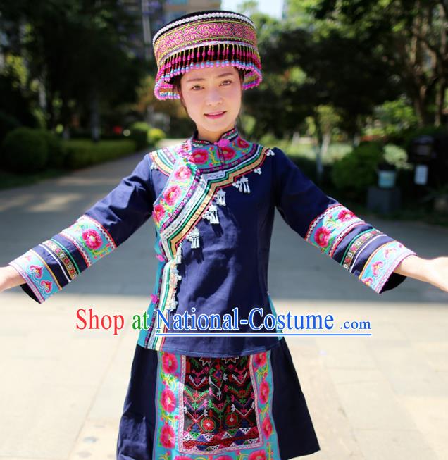 China Mojiang Hani Nationality Embroidered Navy Blouse and Short Skirt Traditional Ethnic Uniforms with Headpiece