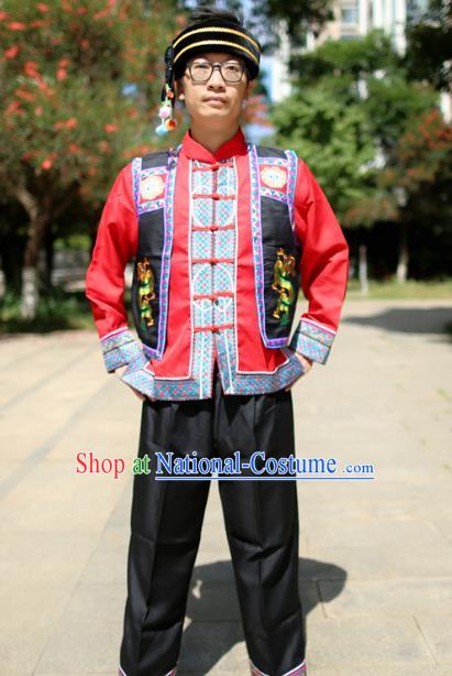 Chinese Miao Nationality Uniforms Quality Embroidered Black Vest Red Shirt and Pants for Men