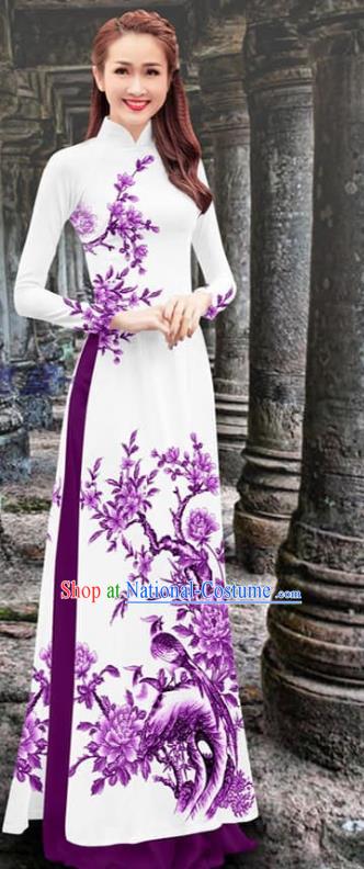 Deep Purple Vietnam Cheongsam with Loose Pants Asian Traditional Vietnamese Aodai Clothing