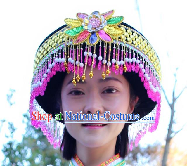 Best Chinese Tujia Nationality Round Hat Top Quality China Ethnic Women Beads Tassel Headwear