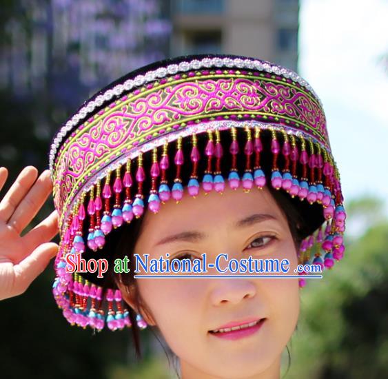 Top Quality China Ethnic Women Rosy Beads Tassel Headwear Chinese Tujia Nationality Round Hat