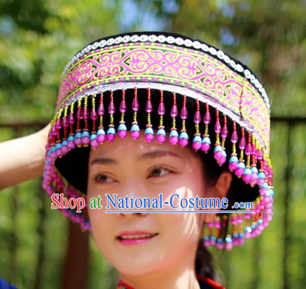 Top Quality China Ethnic Women Rosy Beads Tassel Headwear Chinese Tujia Nationality Round Hat