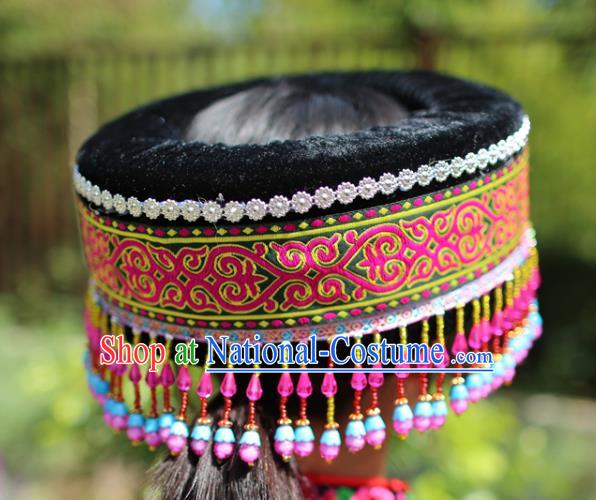 Top Quality China Ethnic Women Rosy Beads Tassel Headwear Chinese Tujia Nationality Round Hat