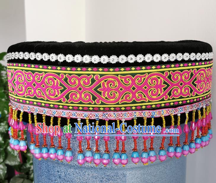 Top Quality China Ethnic Women Rosy Beads Tassel Headwear Chinese Tujia Nationality Round Hat