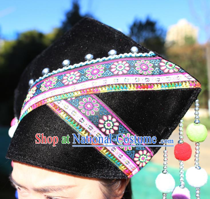 Top Quality China Ethnic Women Headwear Chinese Zhuang Nationality Embroidered Black Hat