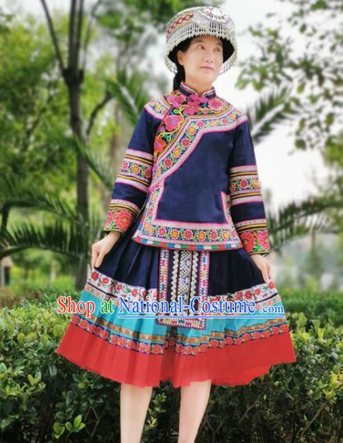 Traditional Bouyei Ethnic Women Uniforms China Guizhou Puyi Nationality Embroidered Navy Blouse and Short Skirt with Round Hat