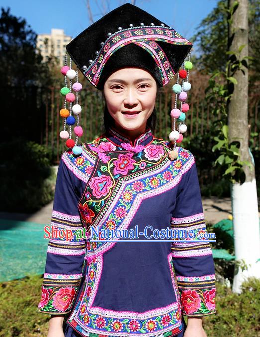 Traditional Zhuang Ethnic Women Uniforms China Guizhou Nationality Embroidered Navy Blouse and Short Skirt with Cloth Hat