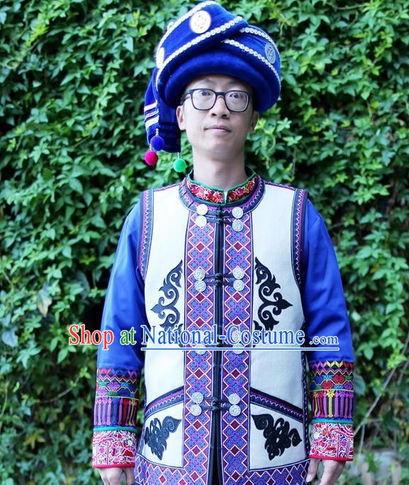 Chinese Bai Nationality White Flax Vest Quality Ethnic Men Costumes Short Waistcoat