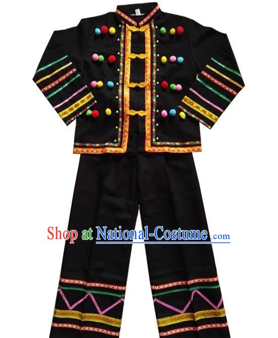 Chinese Lahu Nationality Black Uniforms Quality Ethnic Shirt and Pants for Men